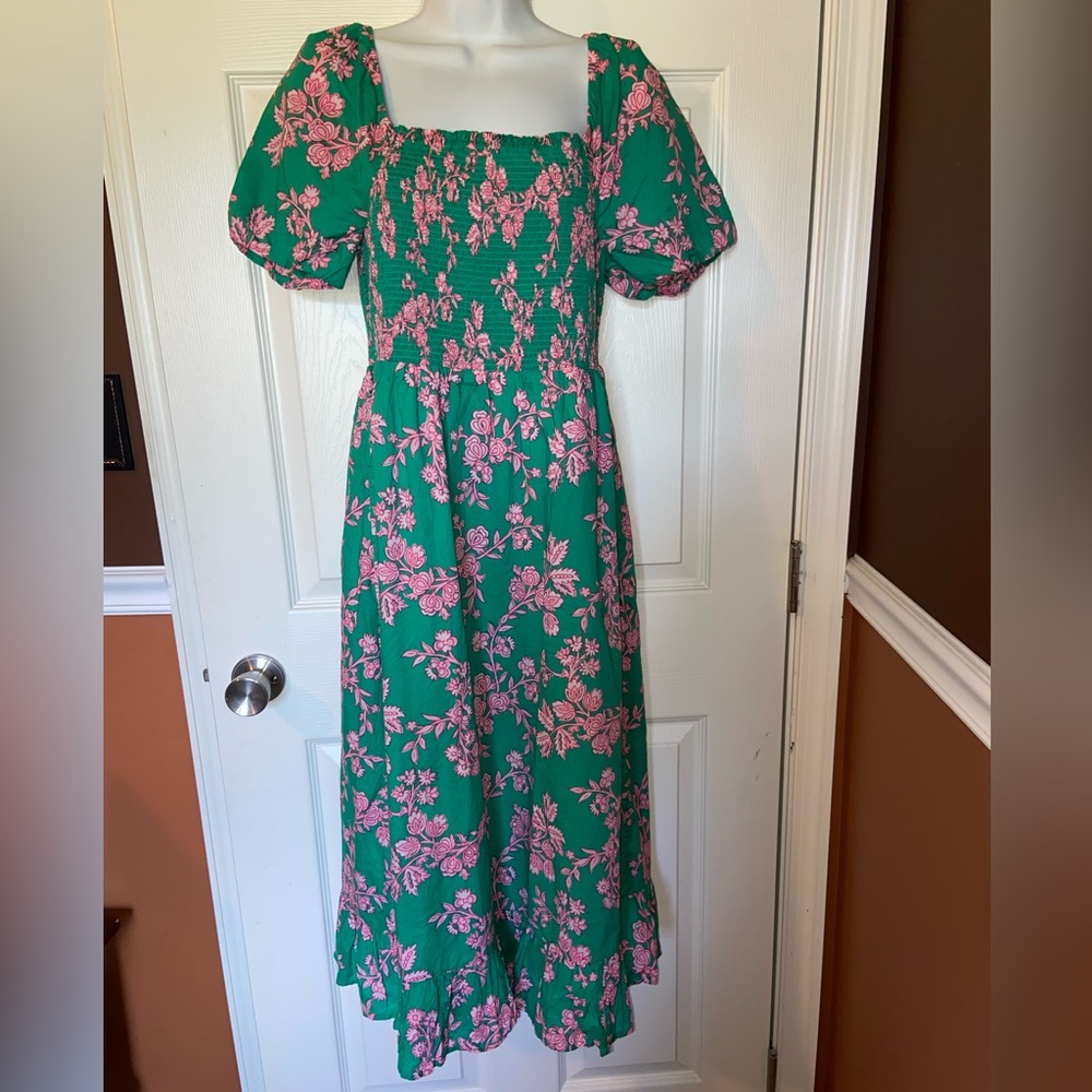 NWT J. Crew Factory Smocked Floral Midi Dress, Puff Sleeves, BO654, Size Small